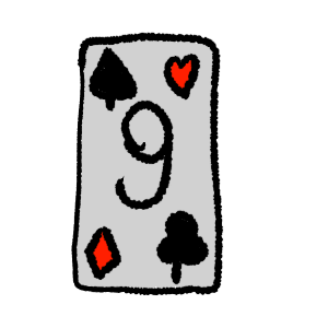 black outlines, a card with a black spade in the top left corner, red heart in the top right, red diamond in the bottom left, black club in the bottom right and a black 9 in the middle